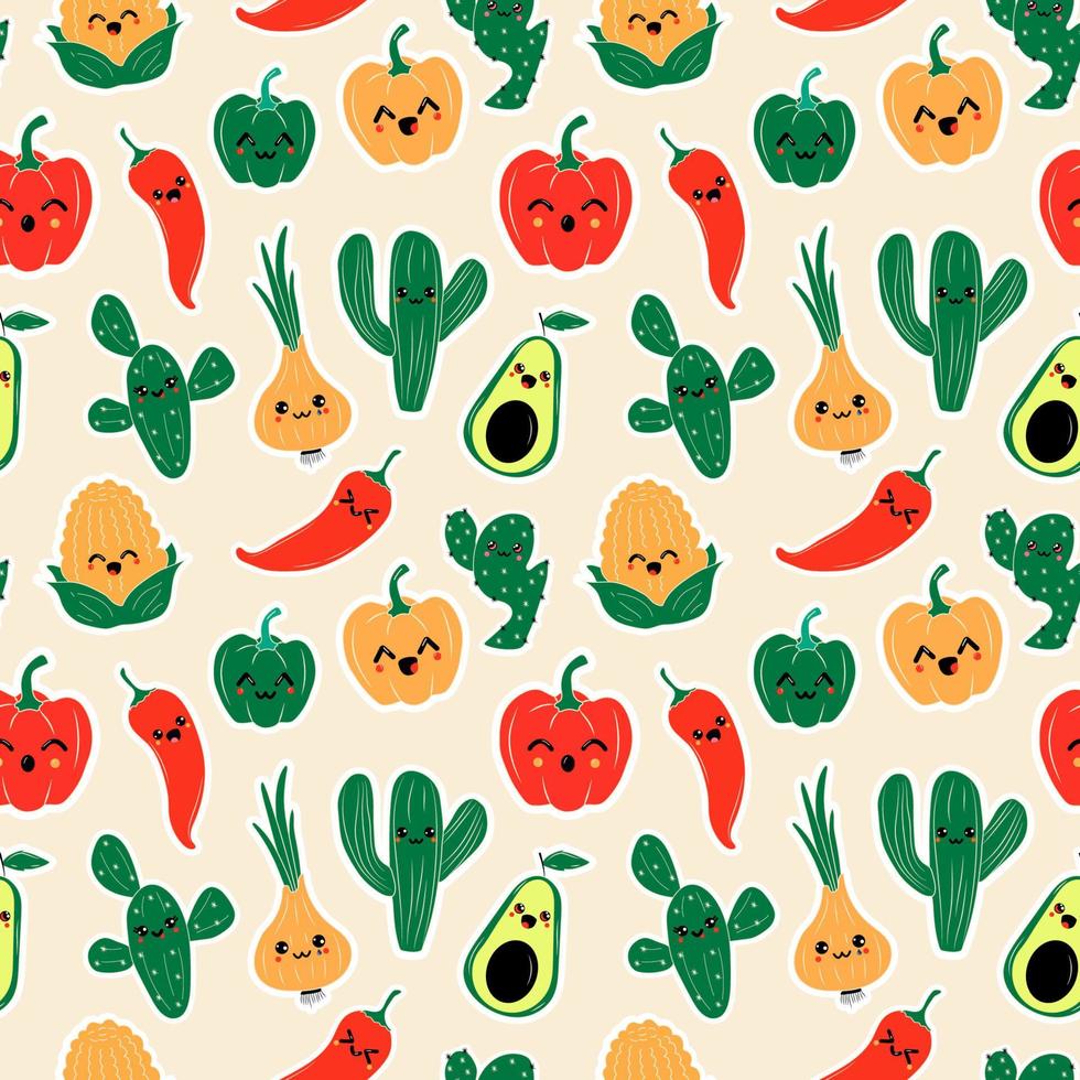 padrão perfeito com grande conjunto de personagens engraçados de desenhos animados de legumes sorrindo. mascotes de comida alegre em design plano. vetor