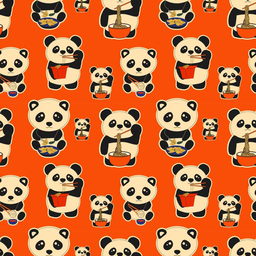 padrão perfeito com conjunto de pandas bonitos comendo dim sum doodle. bolinhos chineses tradicionais. ilustração do vetor de comida asiática kawaii.