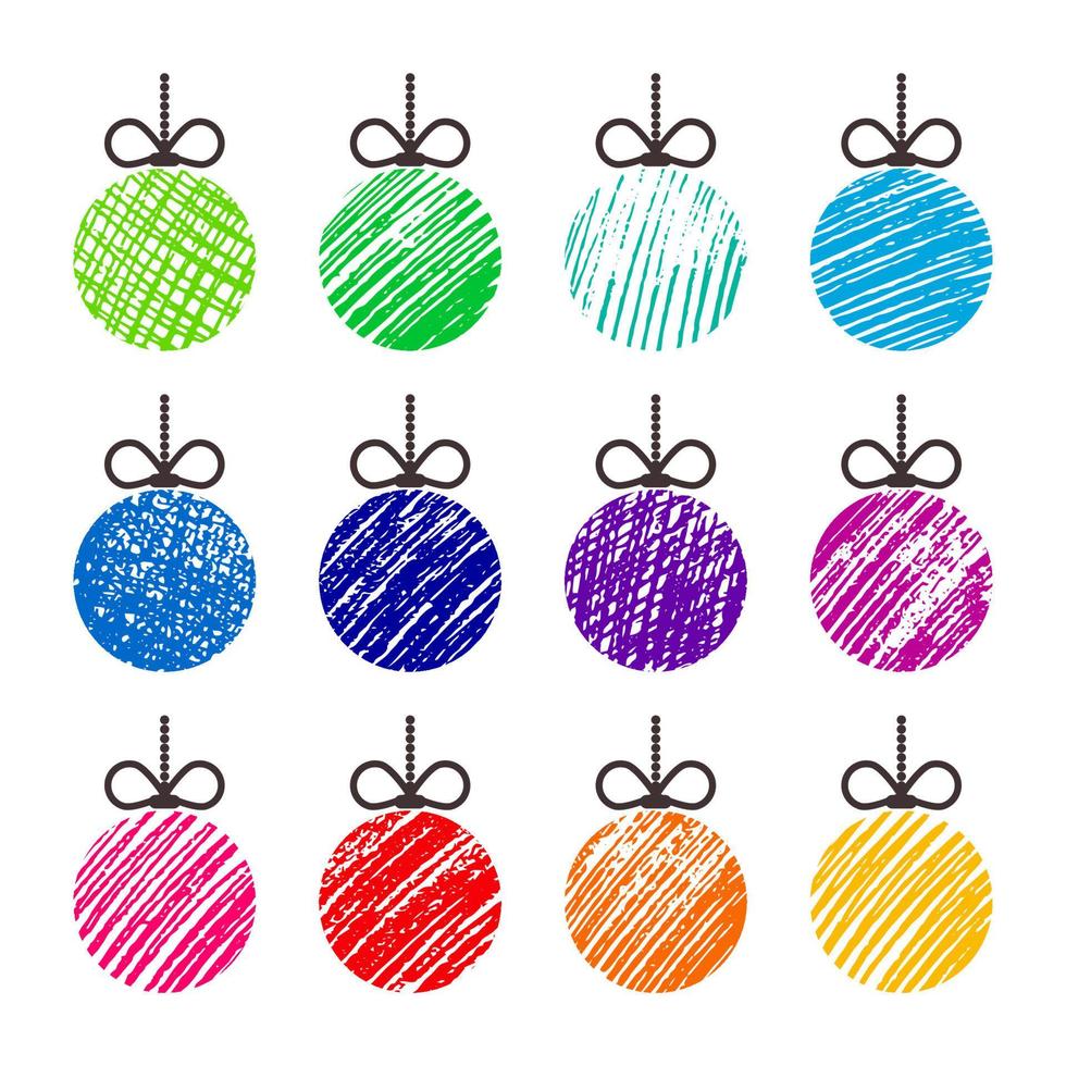 bolas de natal desenhadas à mão. conjunto de doze bolas de natal doodle multicoloridas isoladas no fundo branco. elementos de férias de inverno. ilustração vetorial vetor