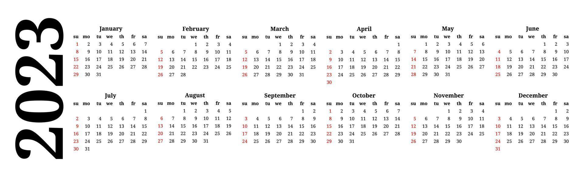 calendário para 2023 isolado em um fundo branco vetor