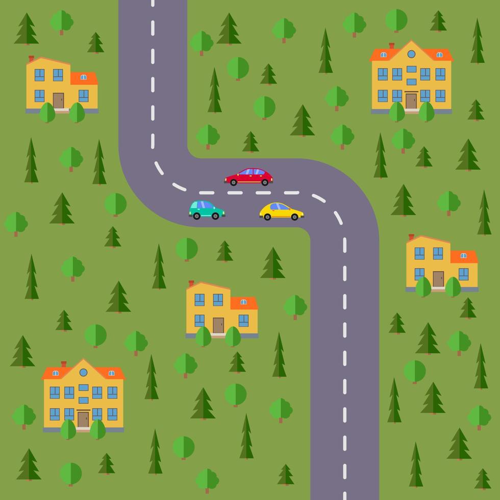 plano de aldeia. paisagem com a estrada, floresta, carros e casas. ilustração vetorial vetor