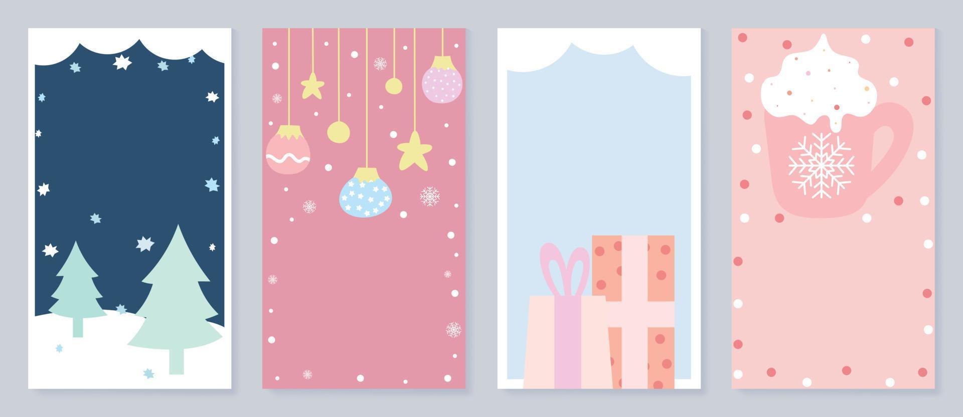 conjunto de pôster de modelo de inverno de natal. quadro de elemento de natal de cor pastel, neve, árvores, estrelas, enfeites pendurados, presente. ilustração de design para banner, cartão, mídia social, publicidade, site. vetor