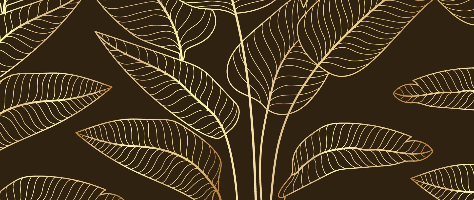 vetor de fundo de arte de linha de folhas douradas de luxo. arte de linha de ouro de folha tropical natural em fundo escuro. ilustração de design para decoração, decoração de parede, papel de parede, capa, banner, pôster, cartão.