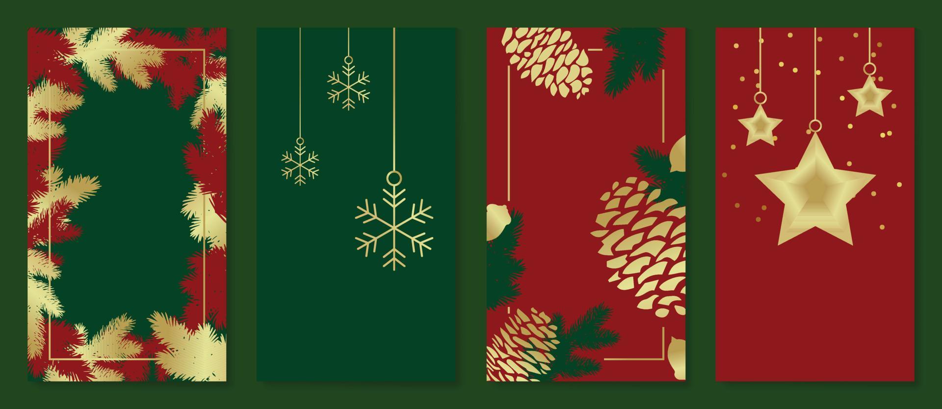 conjunto de pôster de modelo de natal de luxo. elemento de natal dourado gradiente, folhas de pinheiro, floco de neve e bugiganga estrela, pinha. ilustração de design para banner, cartão, mídia social, publicidade, site. vetor