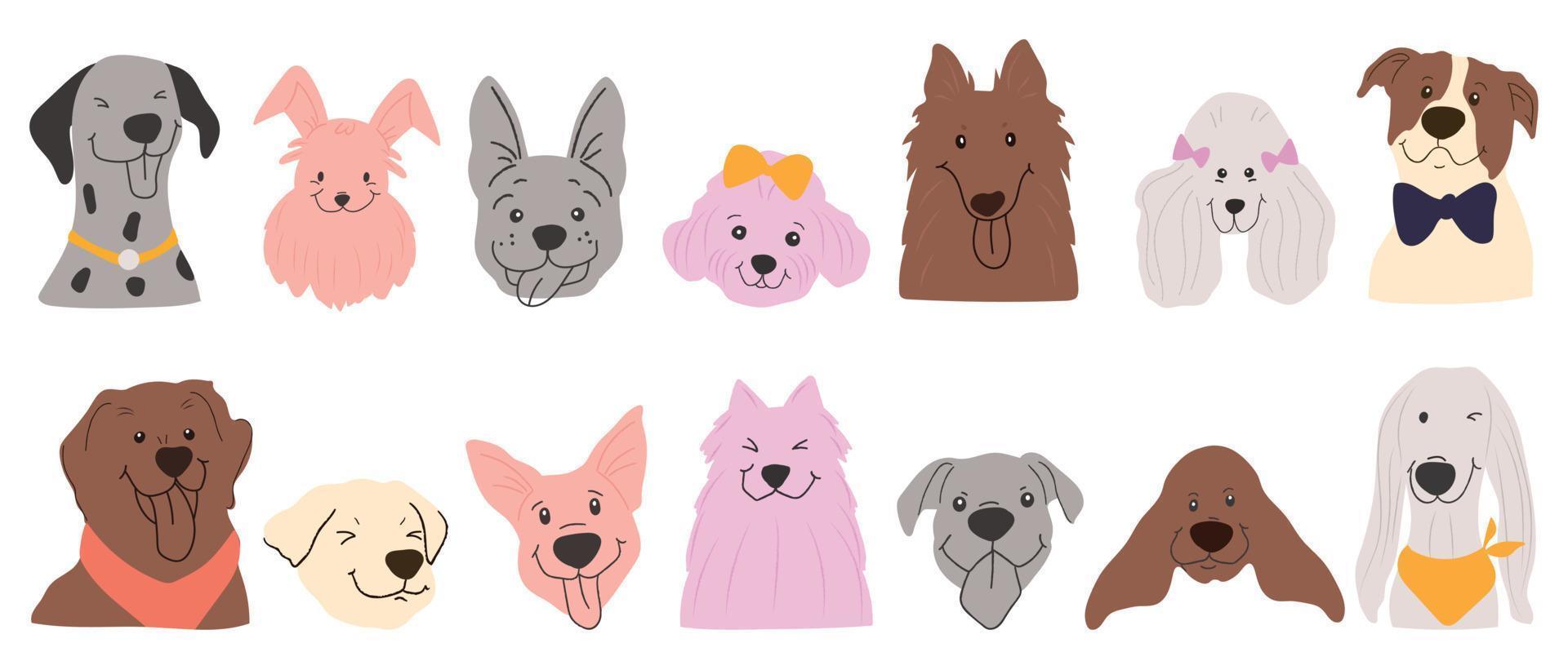 conjunto de vetores de doodle de cachorro fofo e sorridente. cachorro feliz em quadrinhos enfrenta design de dálmata, poodle, dachshund, bulldog com cor plana, arco, cachecol isolado no fundo branco. design para adesivo, quadrinhos, impressão.