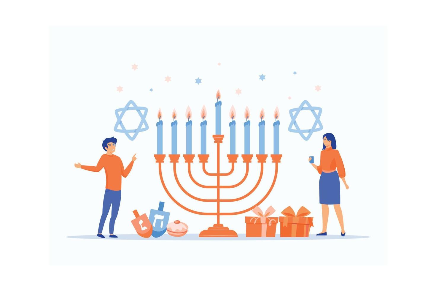 Feliz Hanukkah. feriado judaico tradicional com pessoas minúsculas e símbolos - velas menorá, ilustração moderna de vetor plano