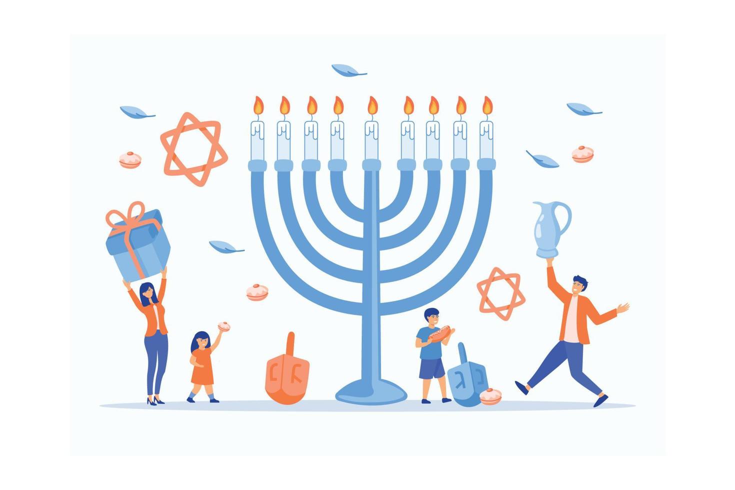 feliz hanukkah, festival judaico de cena de luzes com pessoas, famílias felizes com crianças, ilustração moderna de vetor plano