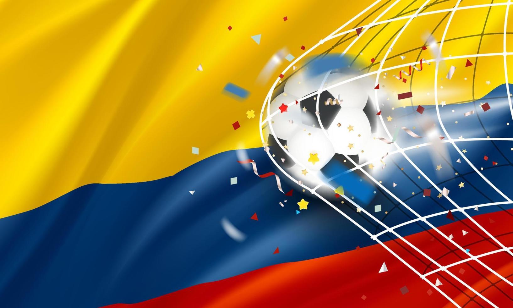 a bola na rede de futebol. conceito de vetor de gol com bandeira do equador. banner de vetor 3d com efeito de desfoque