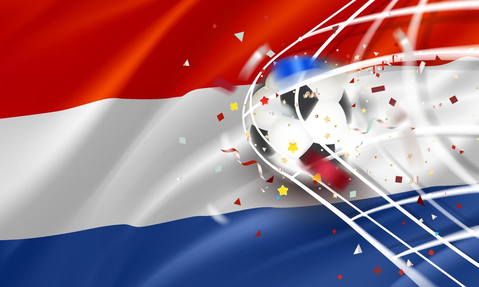 a bola na rede de futebol. conceito de vetor de gol com bandeira da Holanda. banner de vetor 3d com efeito de desfoque