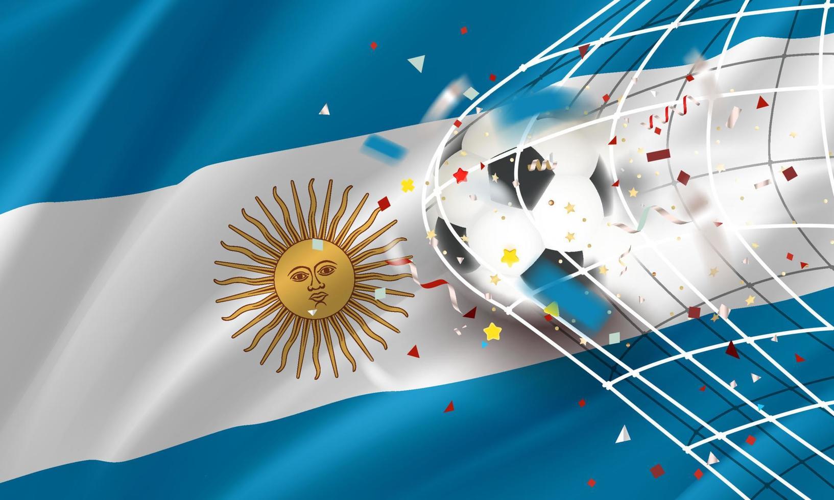 a bola na rede de futebol. conceito de vetor de gol com bandeira da argentina. banner de vetor 3d com efeito de desfoque