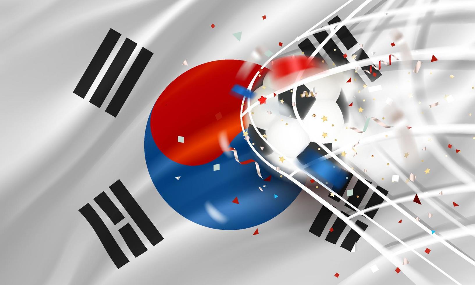 a bola na rede de futebol. conceito de vetor de objetivo com a bandeira da República da Coreia. banner de vetor 3d com efeito de desfoque