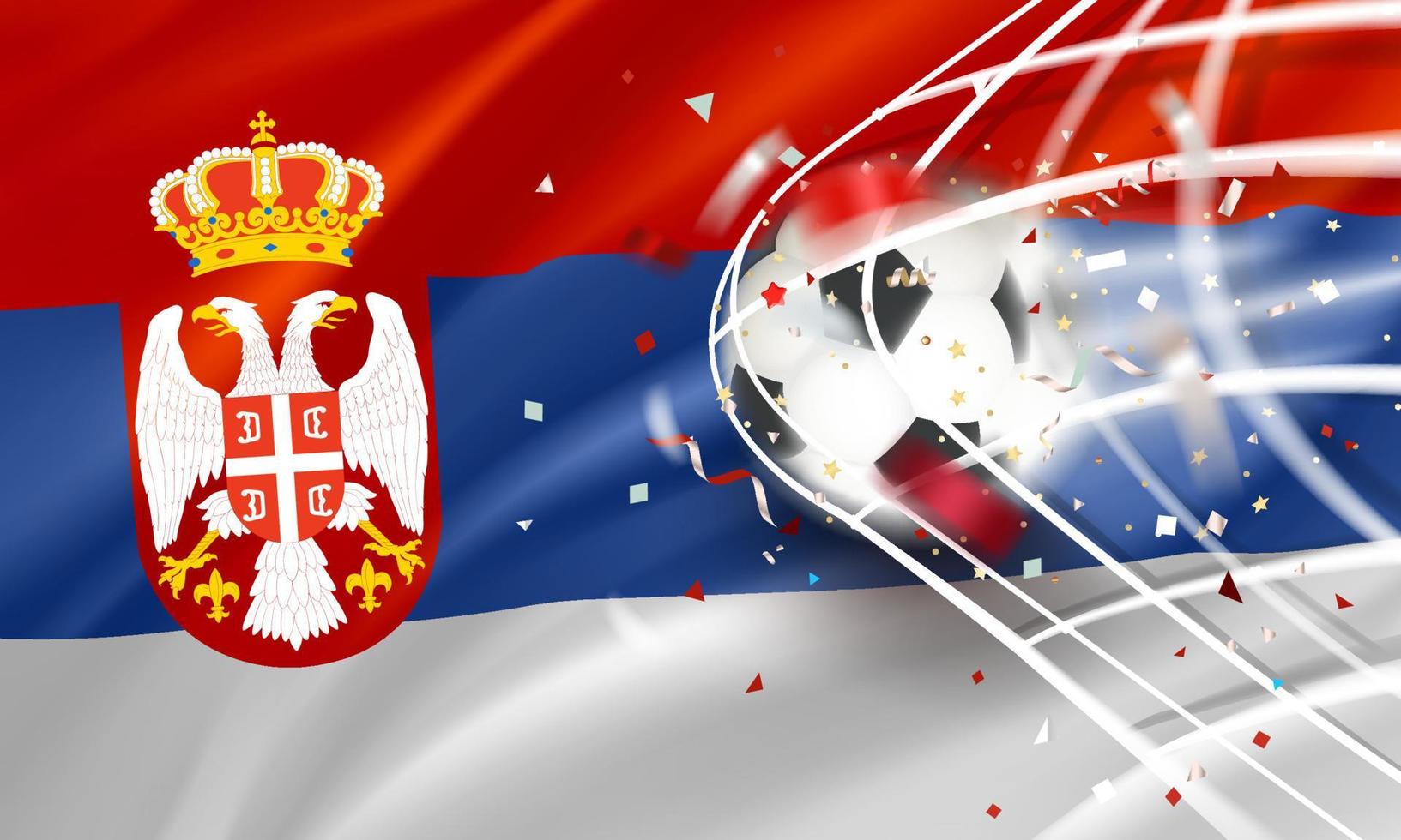 a bola na rede de futebol. conceito de vetor de gol com bandeira da Sérvia. banner de vetor 3d com efeito de desfoque