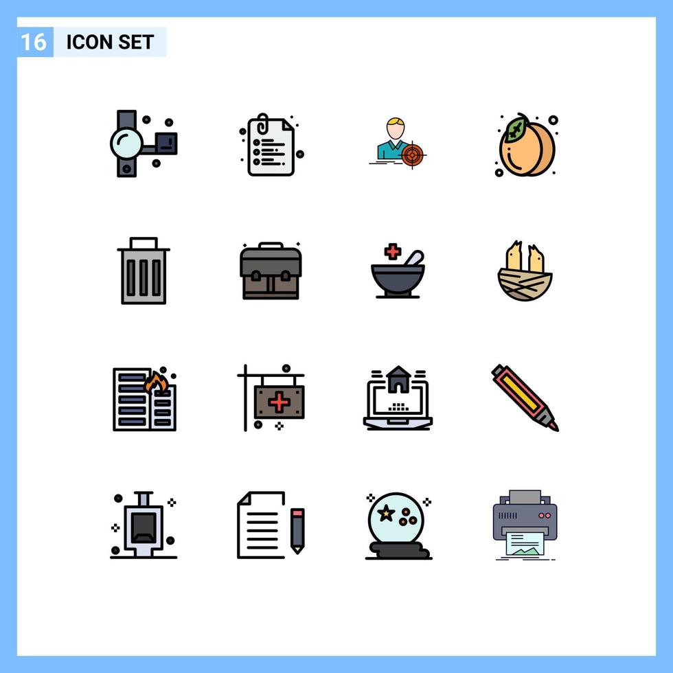 conjunto de linha preenchida de cor plana de interface móvel de 16 pictogramas de exclusão de verão de volta às metas de alimentação escolar elementos de design de vetores criativos editáveis