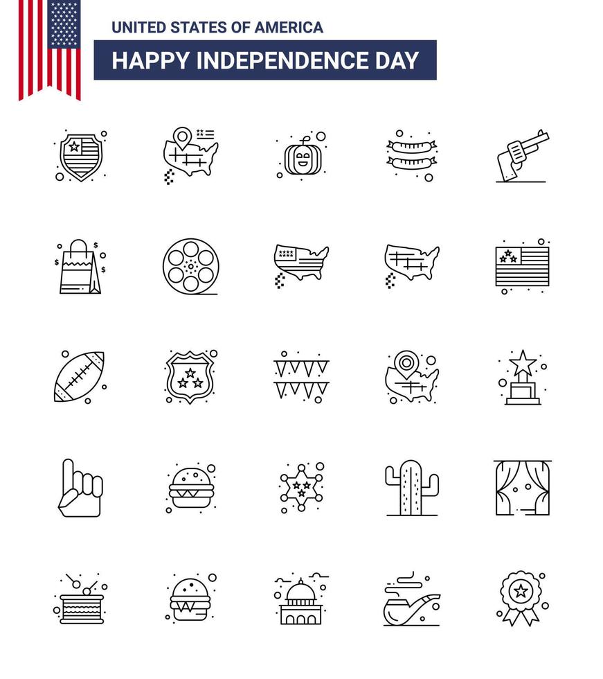 pacote de 25 linhas criativas relacionadas ao dia da independência dos eua de bolsa, festival americano, arma, arma, editável, elementos de design vetorial do dia dos eua vetor