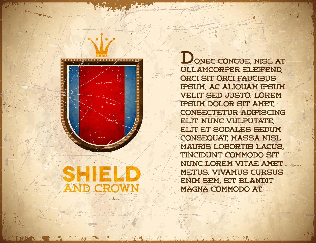 cartão envelhecido com rótulo de escudo vintage com coroa de ouro vetor