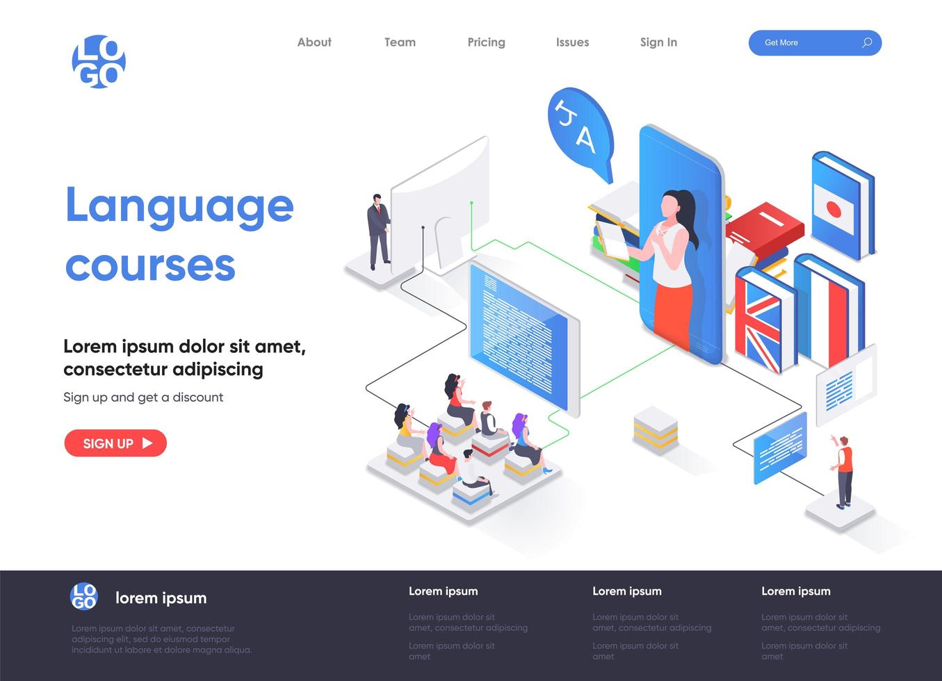 página de destino isométrica dos cursos de idiomas vetor