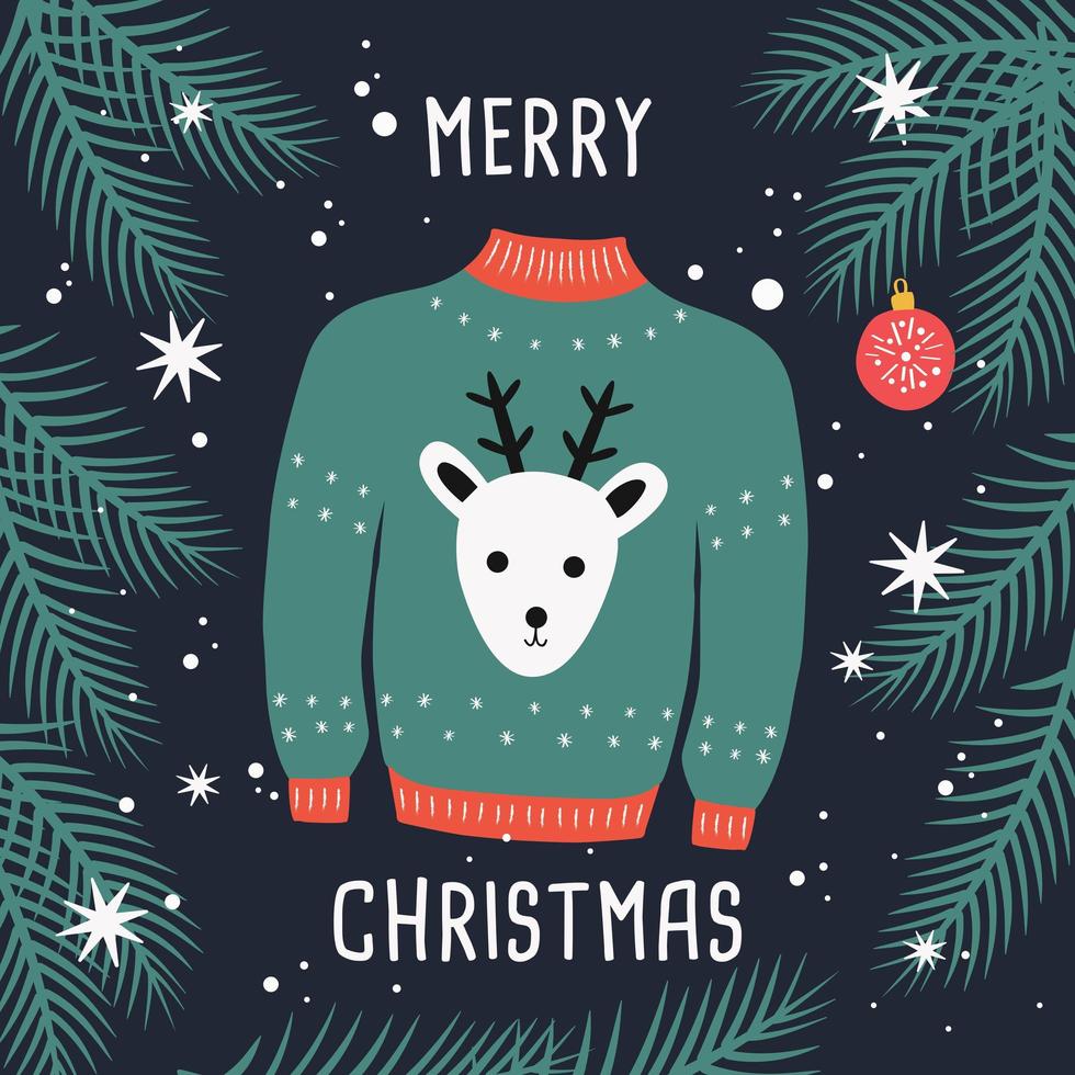 cartão de camisola de feliz Natal com renas e ramos. vetor