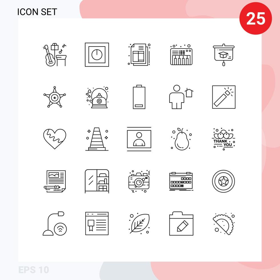 25 linhas universais definidas para aplicativos da web e móveis gráfico de contas de educação escolar piano elementos de design de vetores editáveis