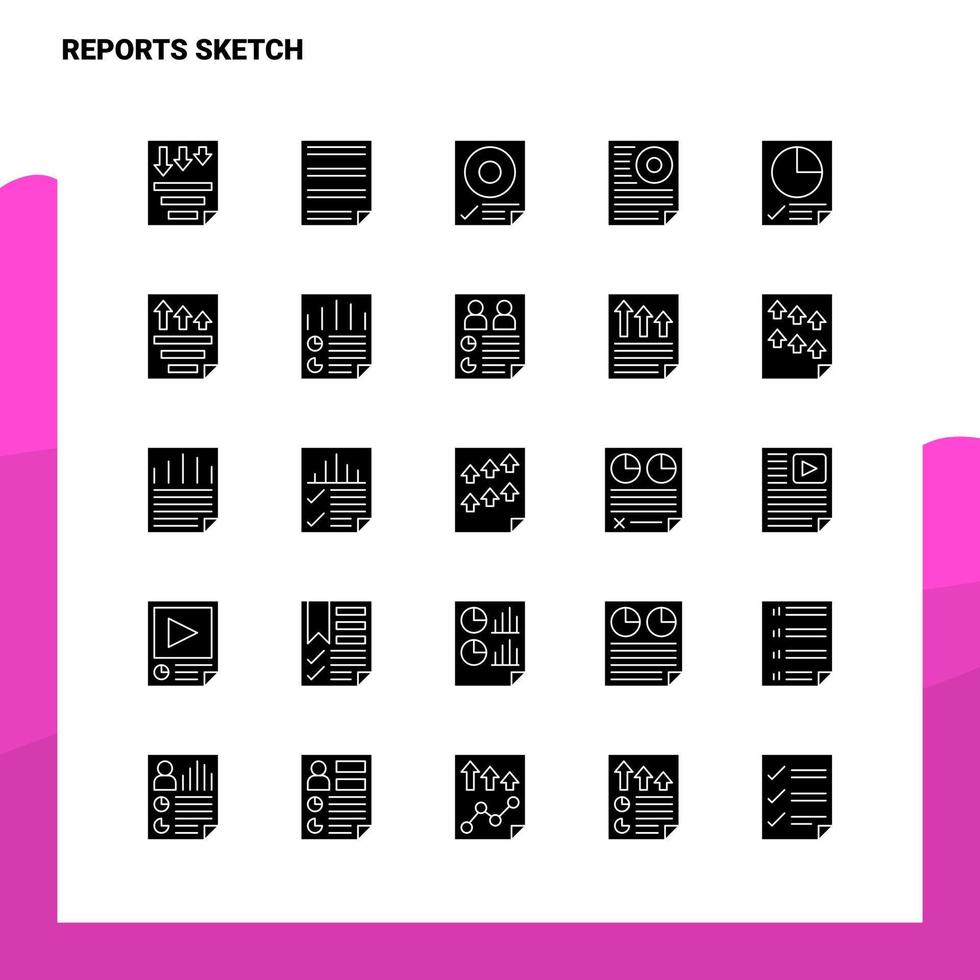 Conjunto de ícones de esboço de 25 relatórios modelo de ilustração vetorial de ícone de glifo sólido para web e ideias móveis para empresa de negócios vetor