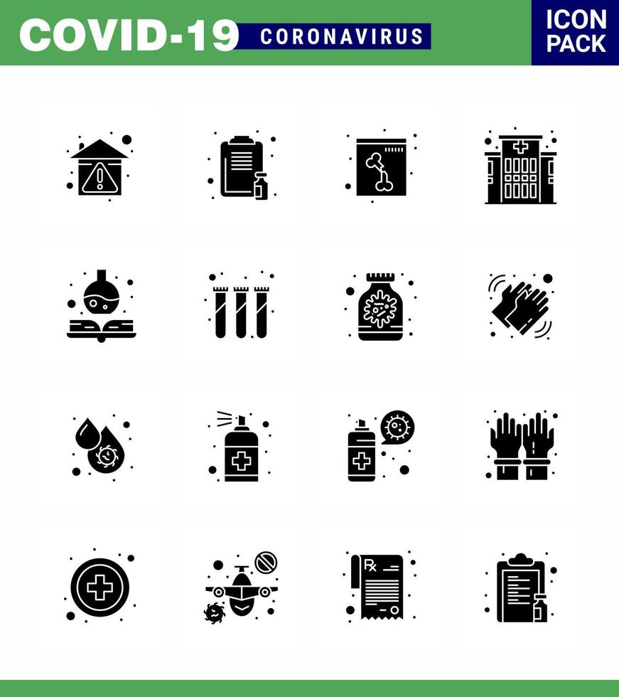 ícone preto de glifo sólido de coronavírus 16 definido sobre o tema da epidemia de corona contém ícones como relatório de hospital médico clínica raio-x viral coronavírus 2019nov elementos de design de vetor de doença