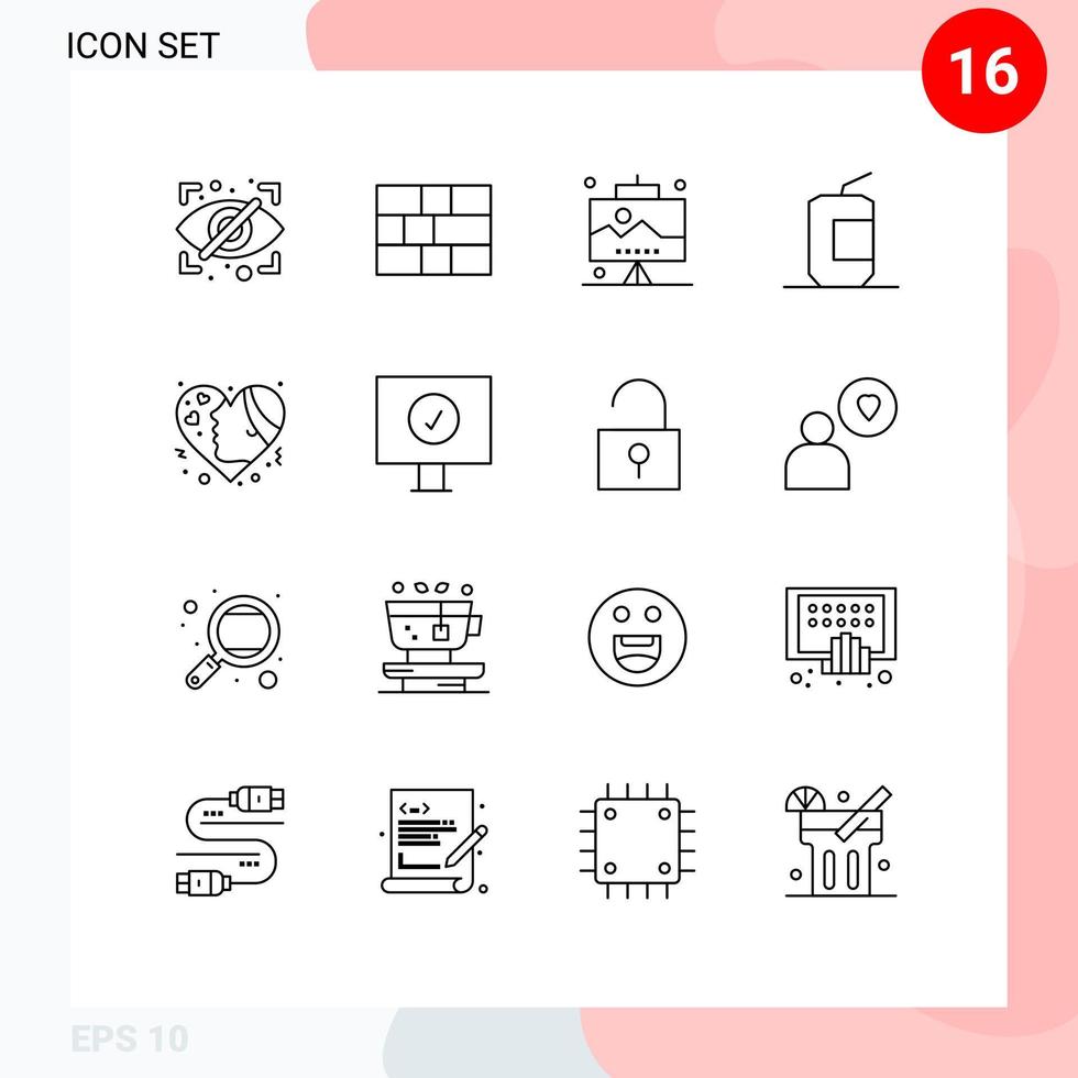 conjunto moderno de 16 contornos e símbolos, como elementos de design de vetor editável de cola de comida rápida de escritório de emoção