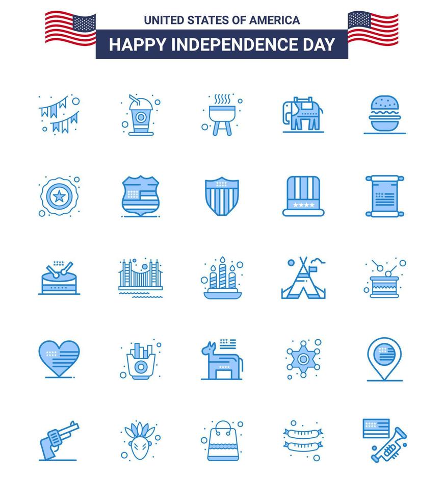 conjunto moderno de 25 azuis e símbolos no dia da independência dos eua, como hambúrguer americano soda elephent editável eua dia vetor elementos de design