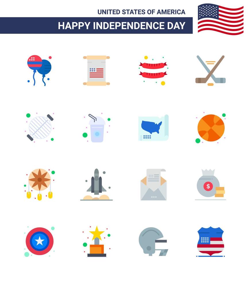 feliz dia da independência dos eua conjunto de pictogramas de 16 apartamentos simples de comida para churrasco comida americana gelo esporte editável dia dos eua vetor elementos de design