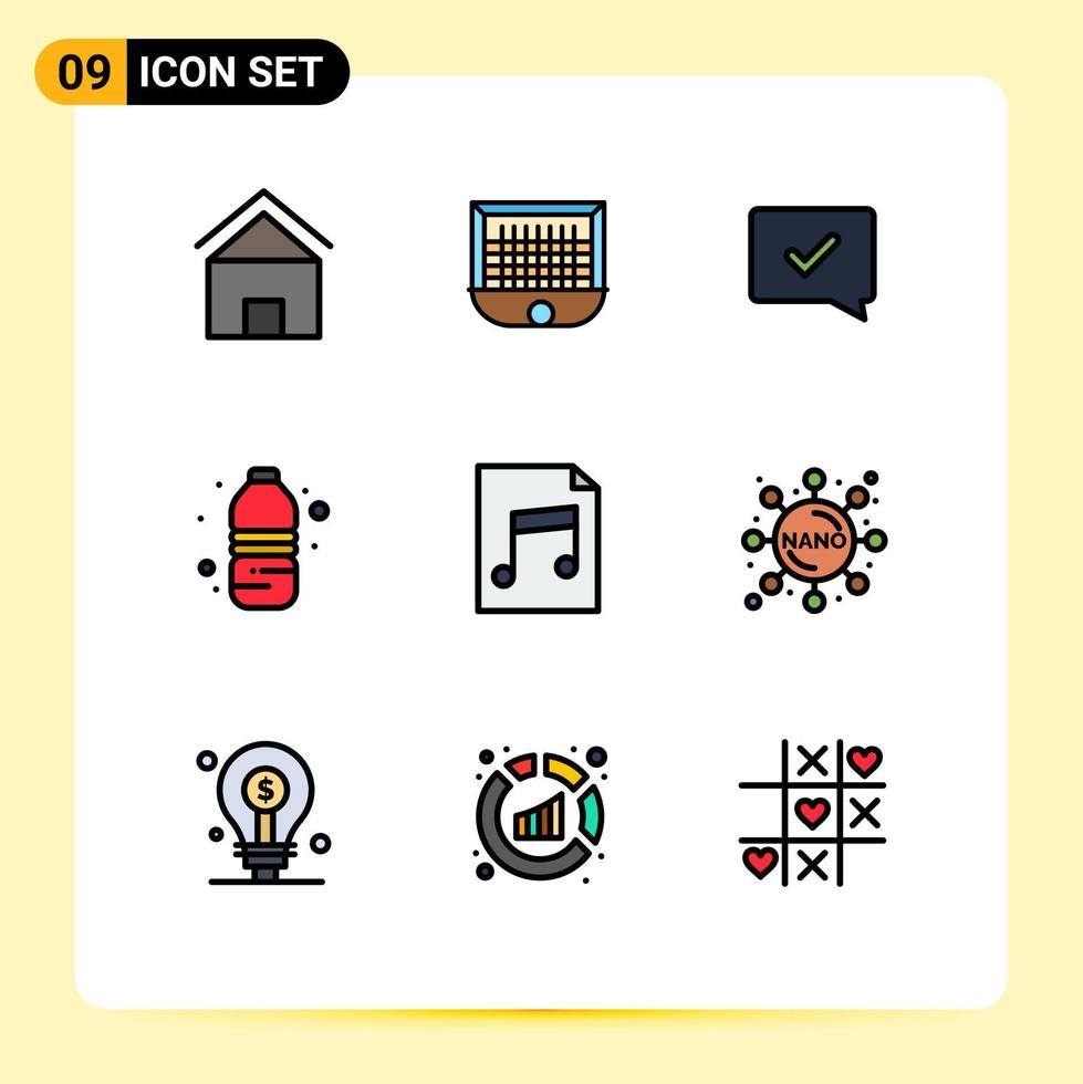 pacote de 9 sinais e símbolos modernos de cores planas de linha preenchida para mídia impressa na web, como beber água, garrafa líquida, fala, elementos de design de vetores editáveis