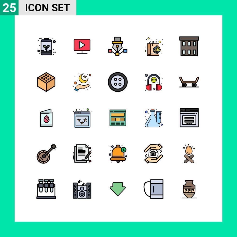 pacote de cor plana de linha cheia de 25 símbolos universais de design de saco de jogo digital de compras elementos de design de vetores editáveis