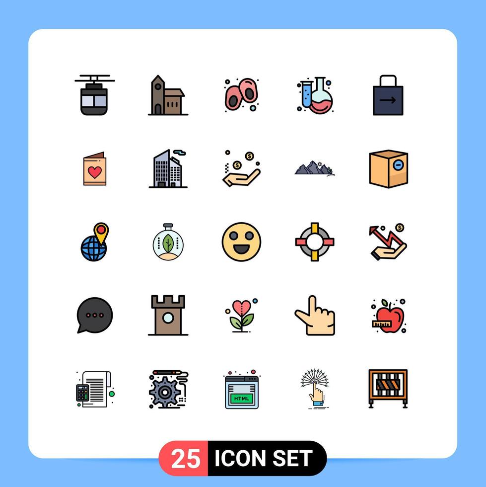 pacote de 25 sinais e símbolos modernos de cores planas de linha preenchida para mídia impressa na web, como sapatos de química histórica de educação em flecha, elementos de design vetorial editáveis vetor