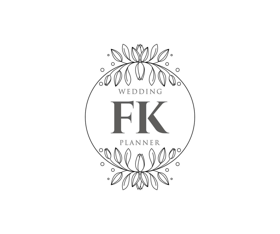 coleção de logotipos de monograma de casamento de letra fk, modelos modernos minimalistas e florais desenhados à mão para cartões de convite, salve a data, identidade elegante para restaurante, boutique, café em vetor