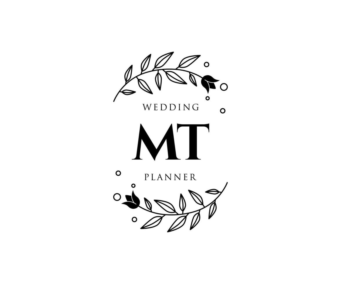 mt letras iniciais coleção de logotipos de monograma de casamento, modelos modernos minimalistas e florais desenhados à mão para cartões de convite, salve a data, identidade elegante para restaurante, boutique, café em vetor