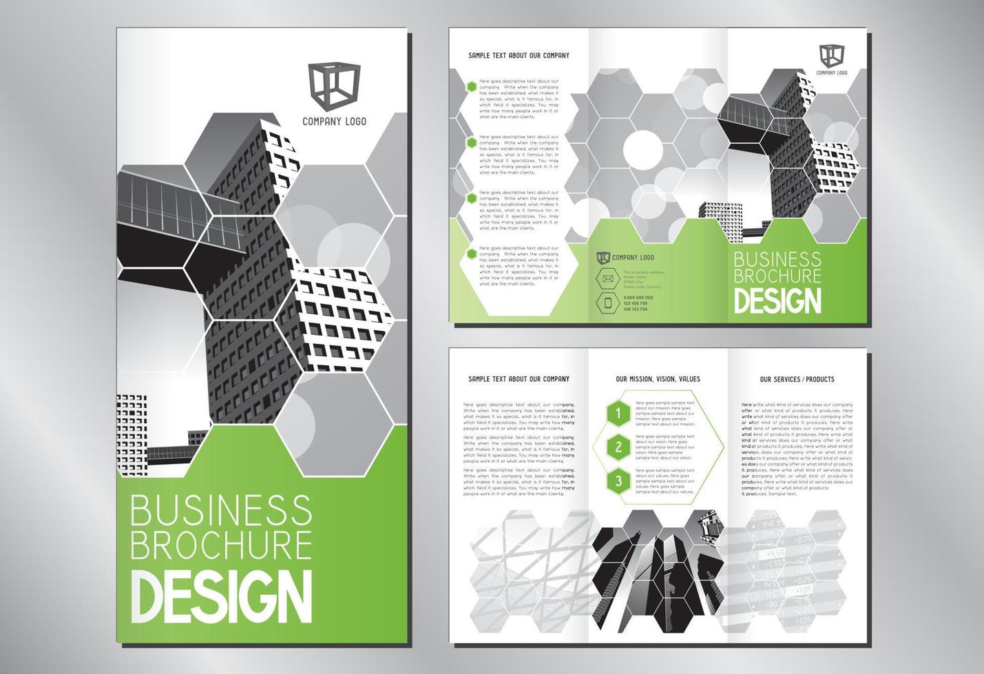 modelo de brochura com três dobras de negócios com prédios de escritórios vetor