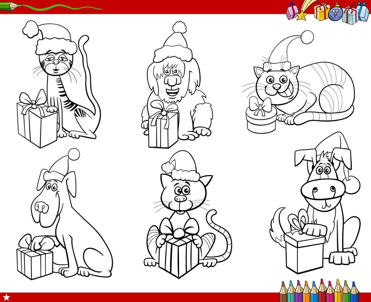 cães e gatos dos desenhos animados com presentes de natal para colorir página vetor