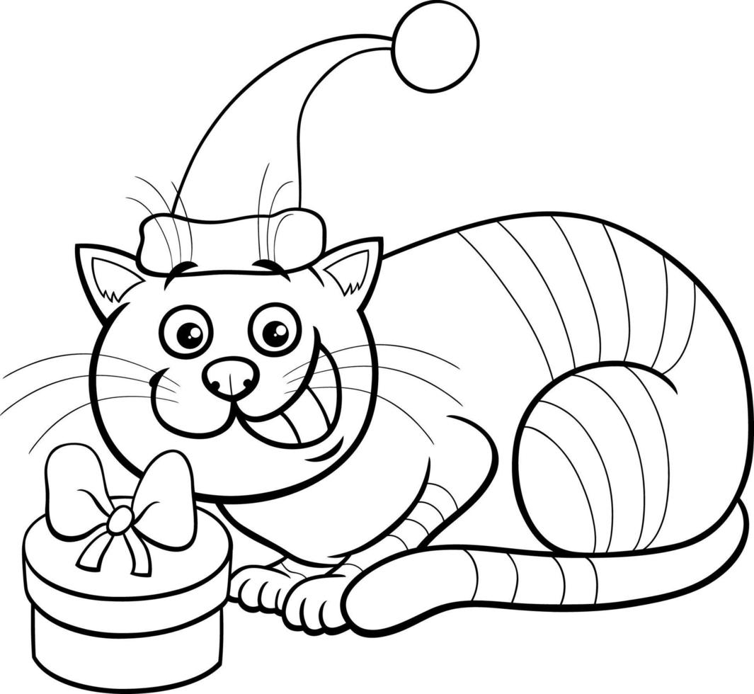 desenho de gato de desenho animado com presente na época do natal para colorir vetor