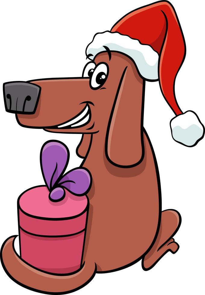 cão engraçado dos desenhos animados com presente na época do natal vetor