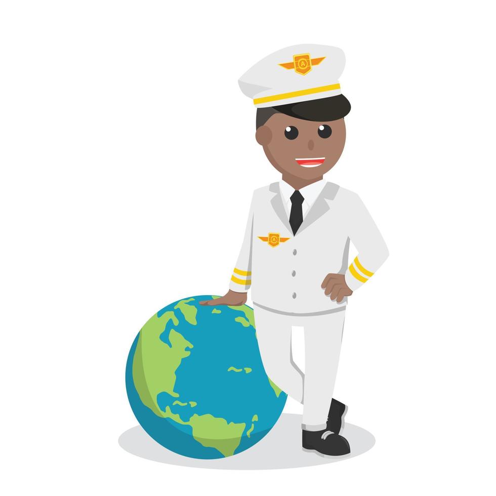piloto africano em pé com personagem de design de globo grande em fundo branco vetor