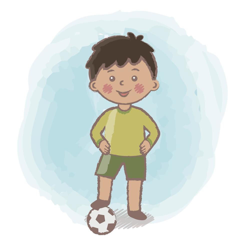 sonha em se tornar um jogador de futebol profissional. menino jogador de futebol isolado ilustração vetorial. jogador de futebol infantil. garoto orgulhoso dos desenhos animados. menino colocou os pés na bola. dia da carreira no jardim de infância. vetor