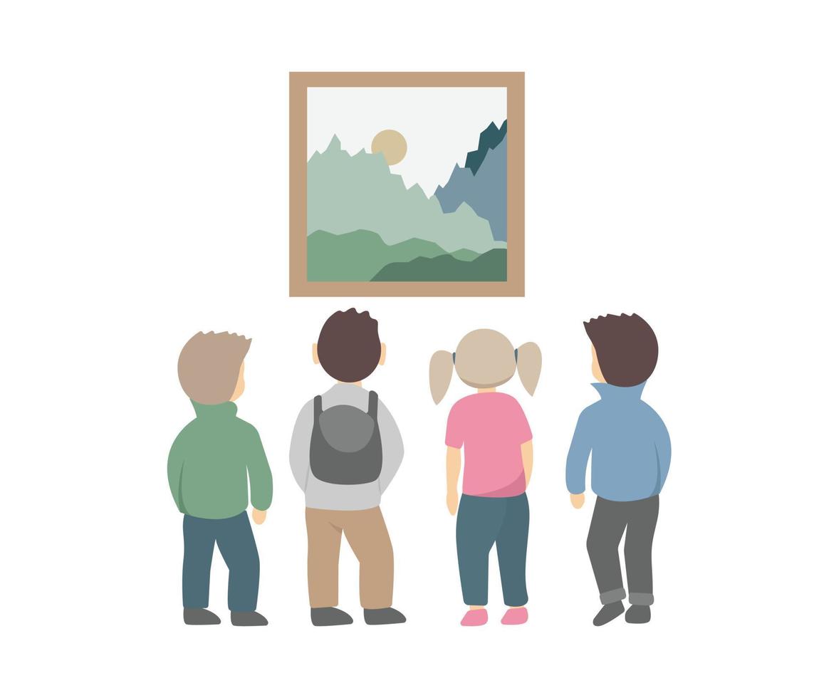 excursão de crianças em um museu, de pé na foto e ouvindo o guia. ilustração vetorial para galeria de arte, educação cultural, conceitos de exposição vetor