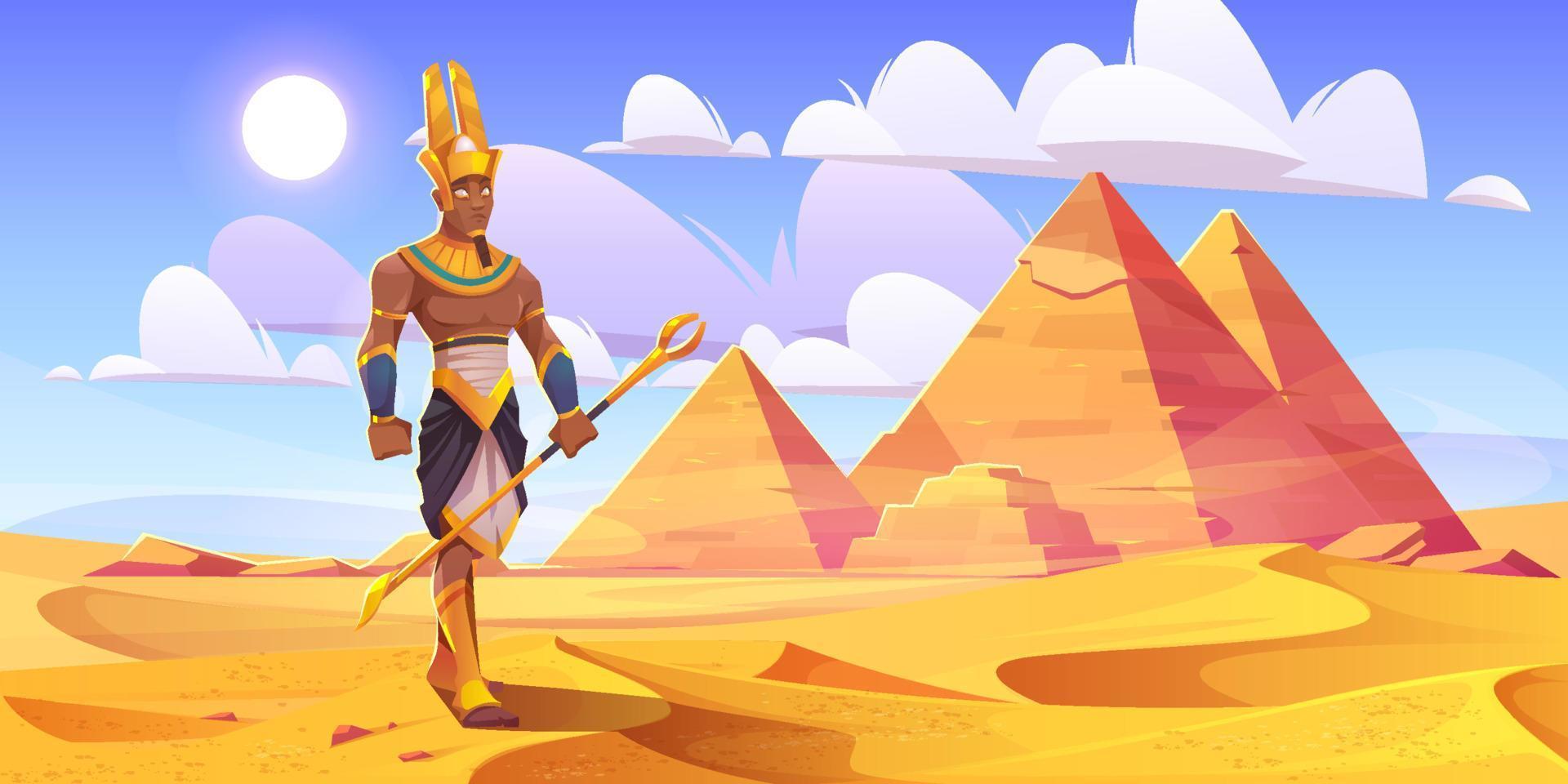 antigo deus egípcio amun no deserto com pirâmides vetor