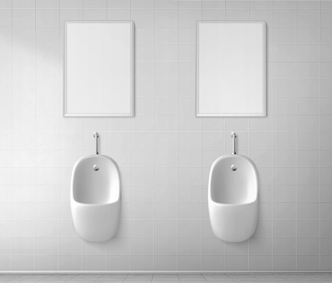 mictório de cerâmica branca e moldura em banheiro masculino vetor