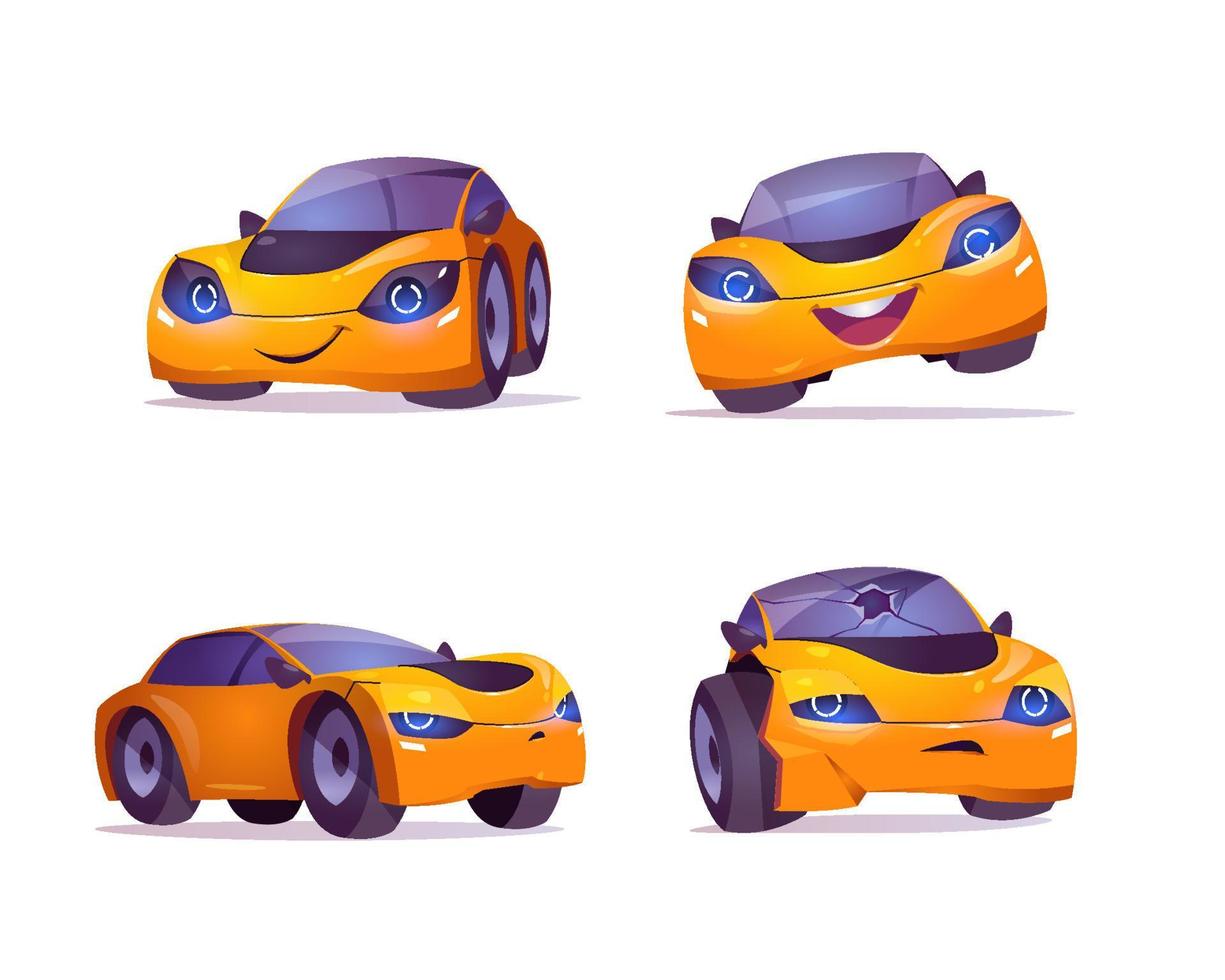 personagem de carro de desenho animado expressa emoções felizes e tristes vetor