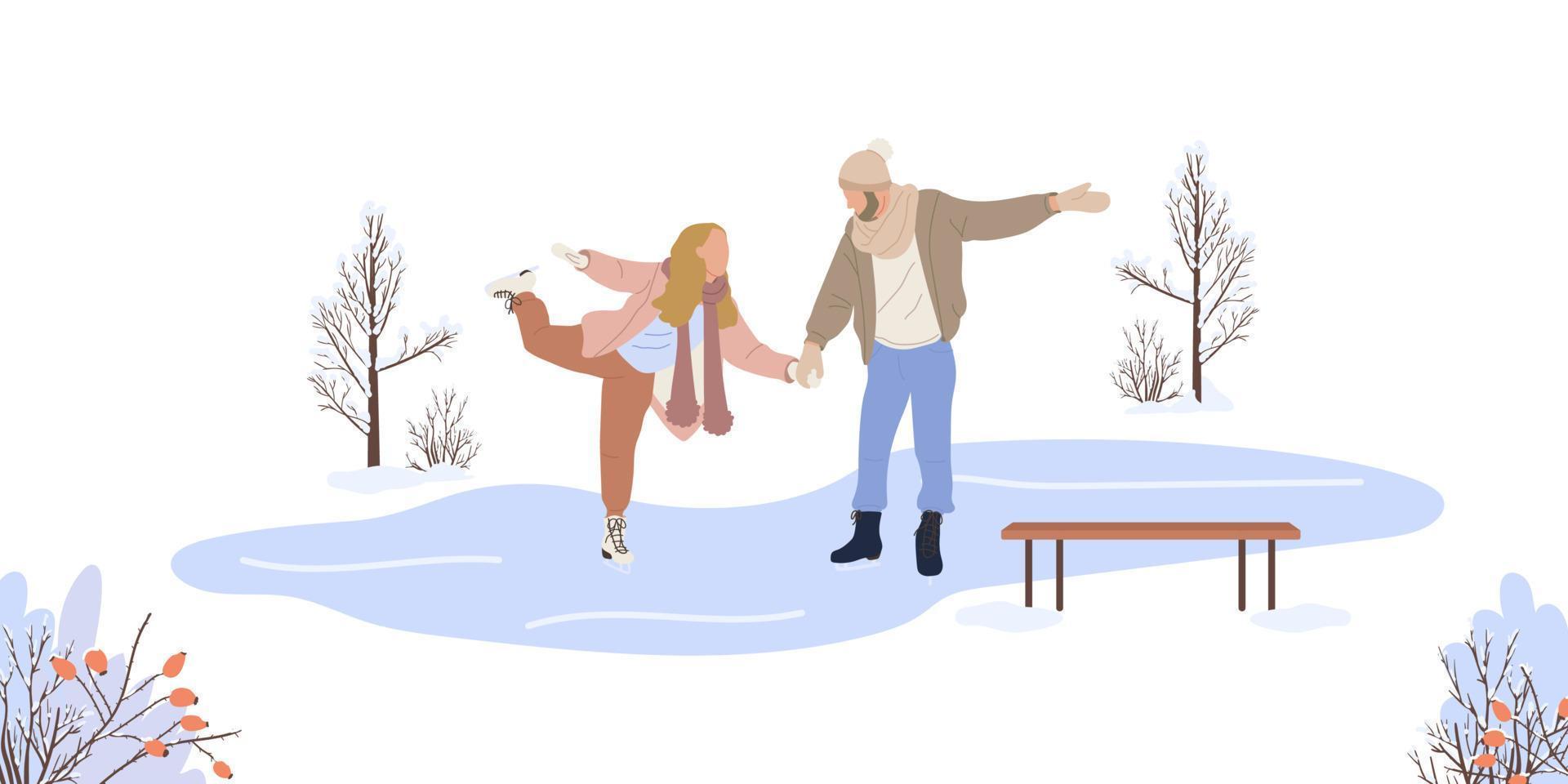 casal patinando em um lago congelado no inverno isolado no fundo branco. patinadores de homem e mulher nas férias de inverno. paisagem de inverno. ilustração em vetor plana.