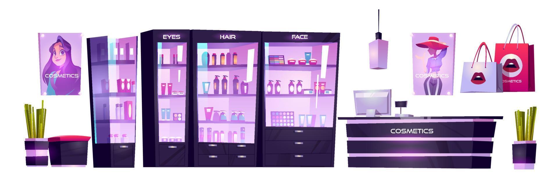 loja de cosméticos com produtos para maquiagem, cuidados com a pele vetor