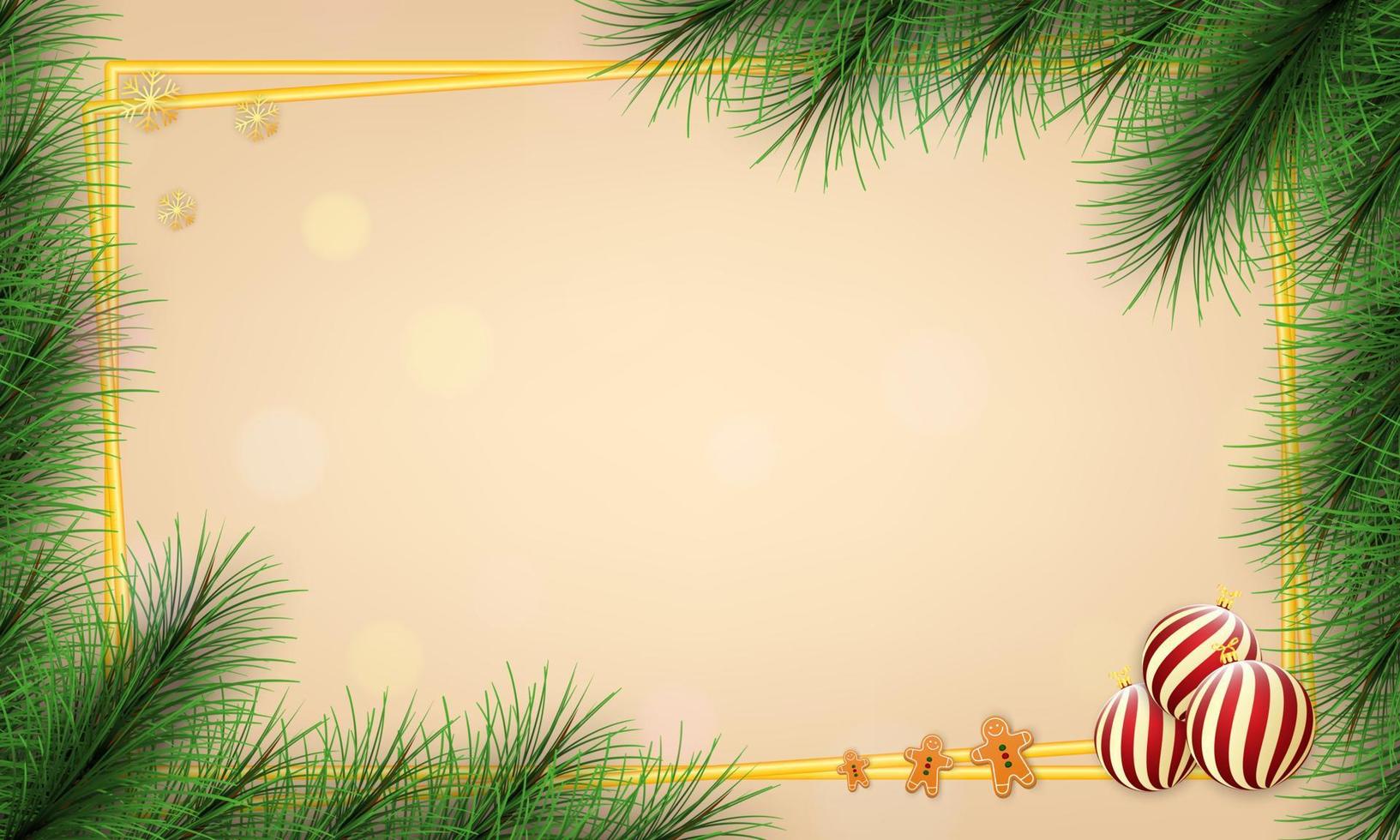 feliz natal e feliz ano novo fundo. feliz natal com bolas de natal e ramos de abeto e flocos de neve. férias de inverno natal e fundo de ano novo. ilustração vetorial. vetor