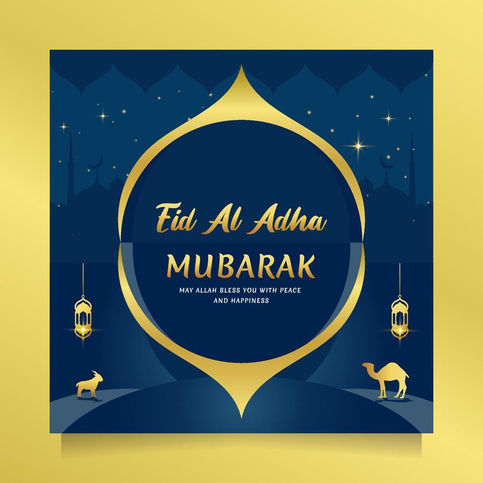 feliz eid al adha cumprimentando post de mídia social com ouro e cor azul. ilustração vetorial fundo islâmico com belo design de mesquita vetor