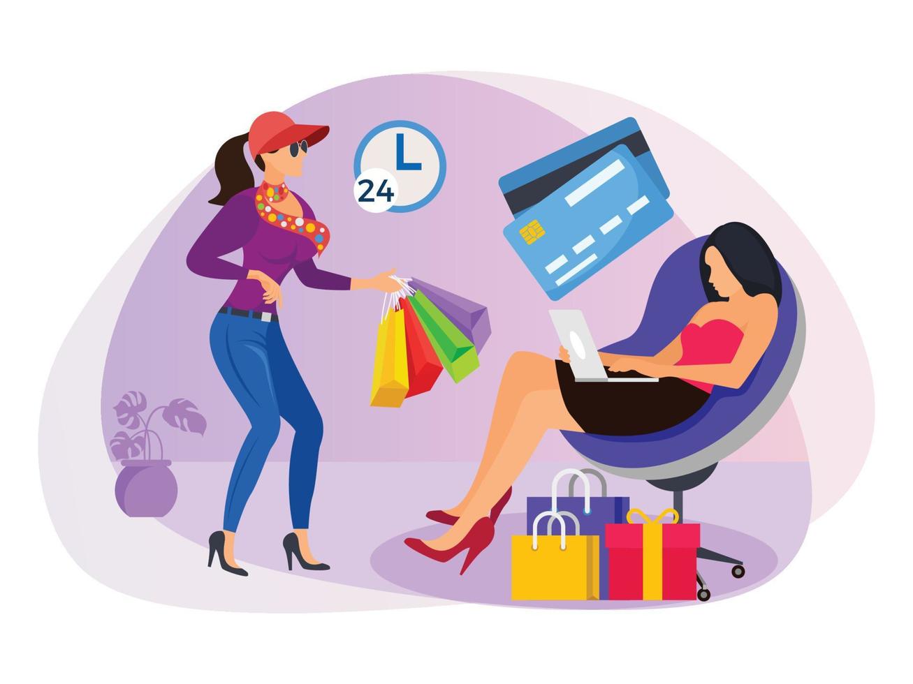 meninas fazendo ilustração de compras online. vetor