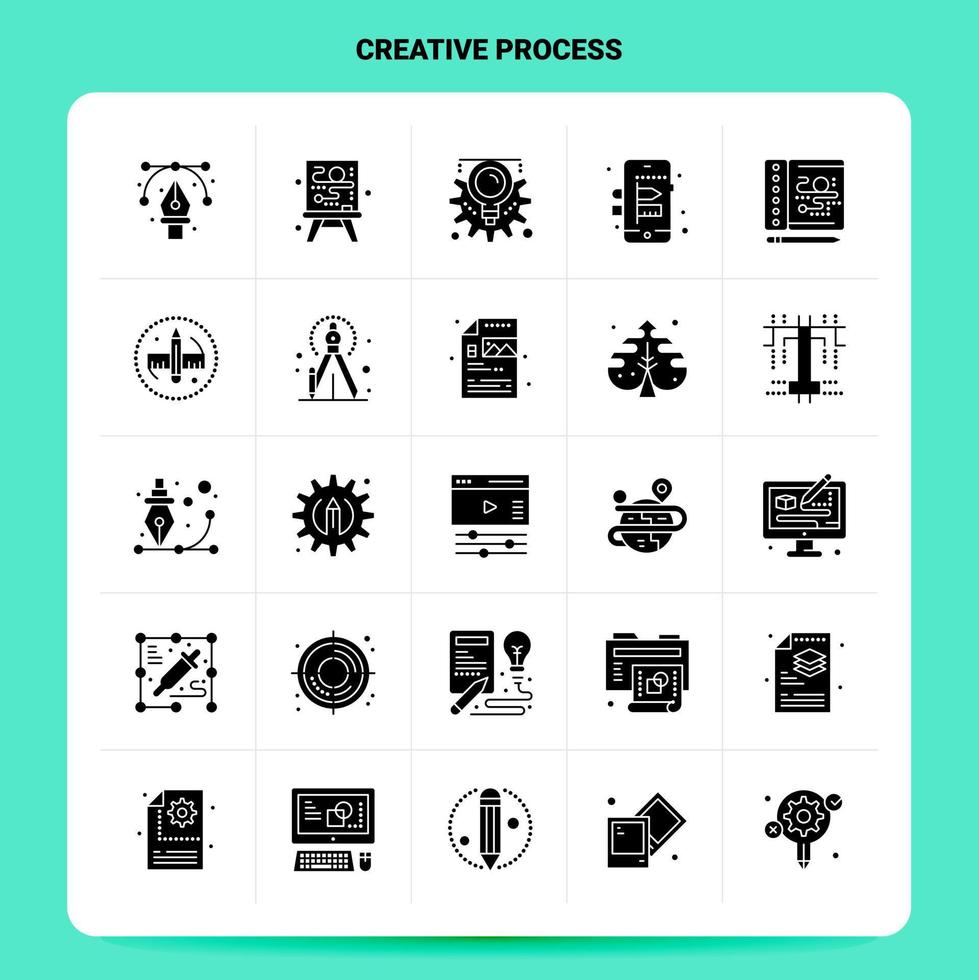 conjunto de ícones de processo criativo sólido 25 design de estilo de glifo vetorial conjunto de ícones pretos web e design de ideias de negócios móveis ilustração em vetor