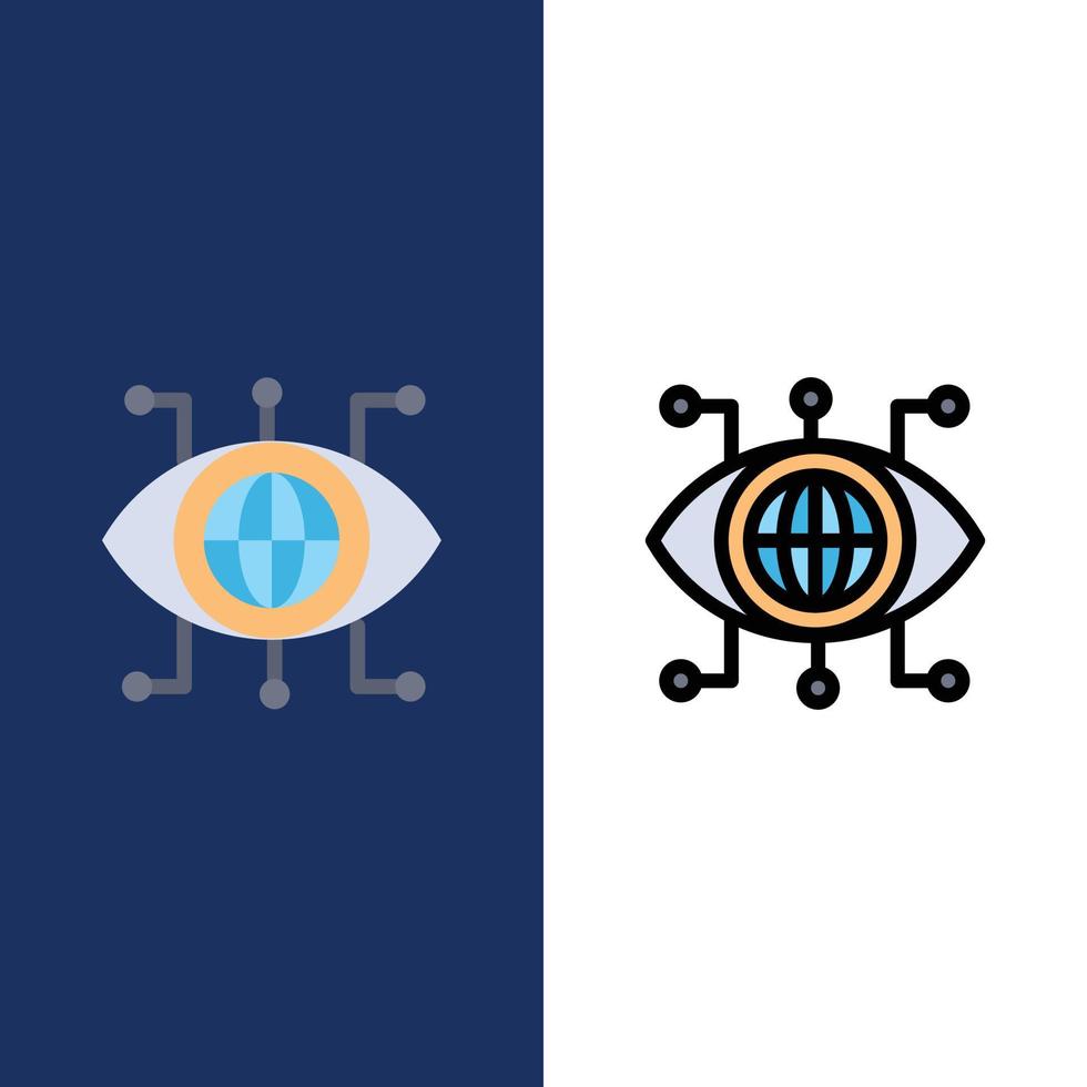 ícones de visão de tecnologia de gerenciador de dados plano e conjunto de ícones cheios de linha vector fundo azul