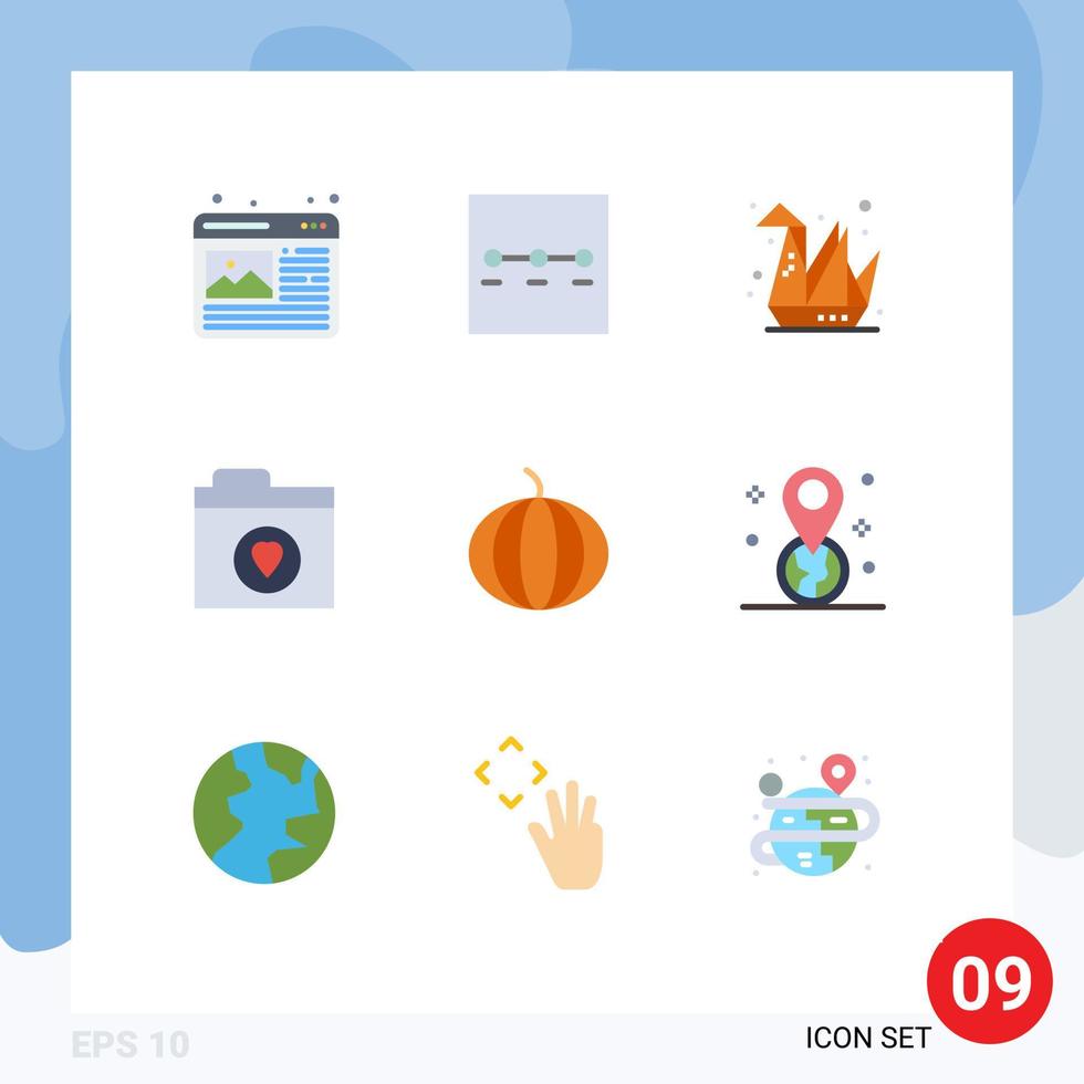 pacote de 9 sinais e símbolos modernos de cores planas para mídia impressa na web, como gps vegetais hobbies arquivos de abóbora elementos de design vetorial editáveis vetor